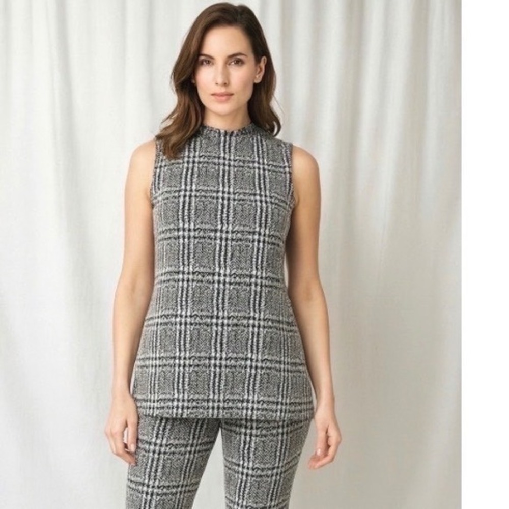 Michael Kors Black White Plaid Mock Neck‎ Sleeveless Tunic Top L Preppy 86-34